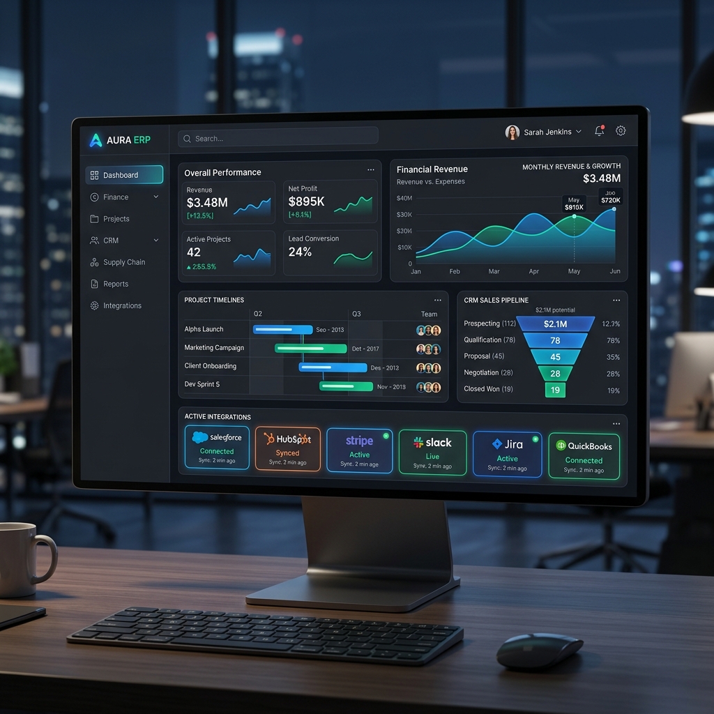 Visionary AI ERP — dashboard de gestión empresarial con CRM, proyectos y finanzas